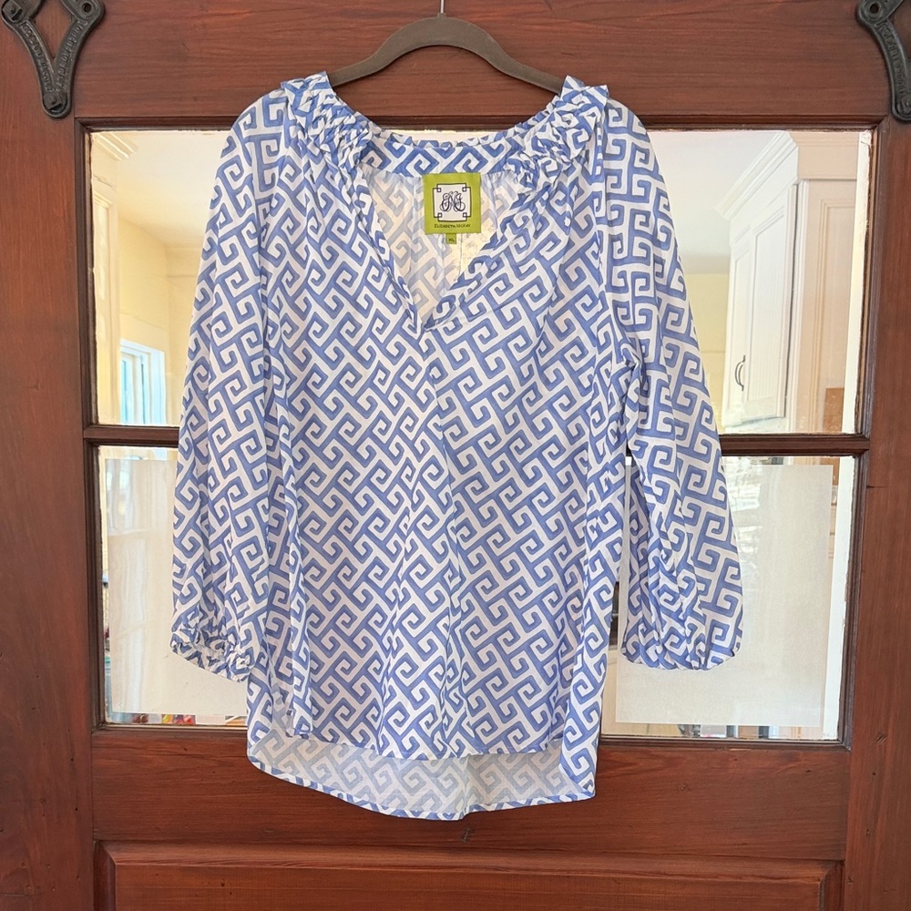 Elizabeth McKay White and Blue Patterned Blouse